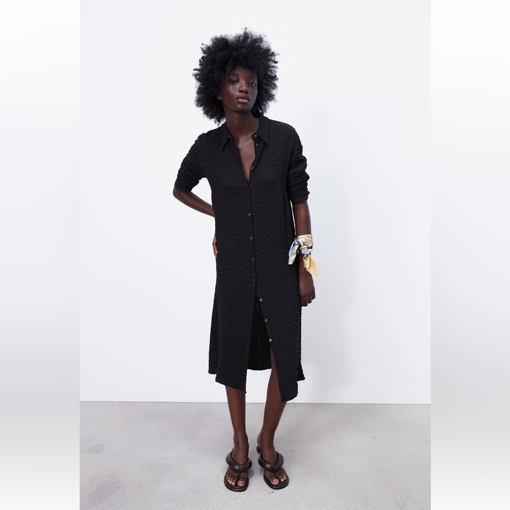 Zara NWT textured shirt button down viscose midi dress, black, M